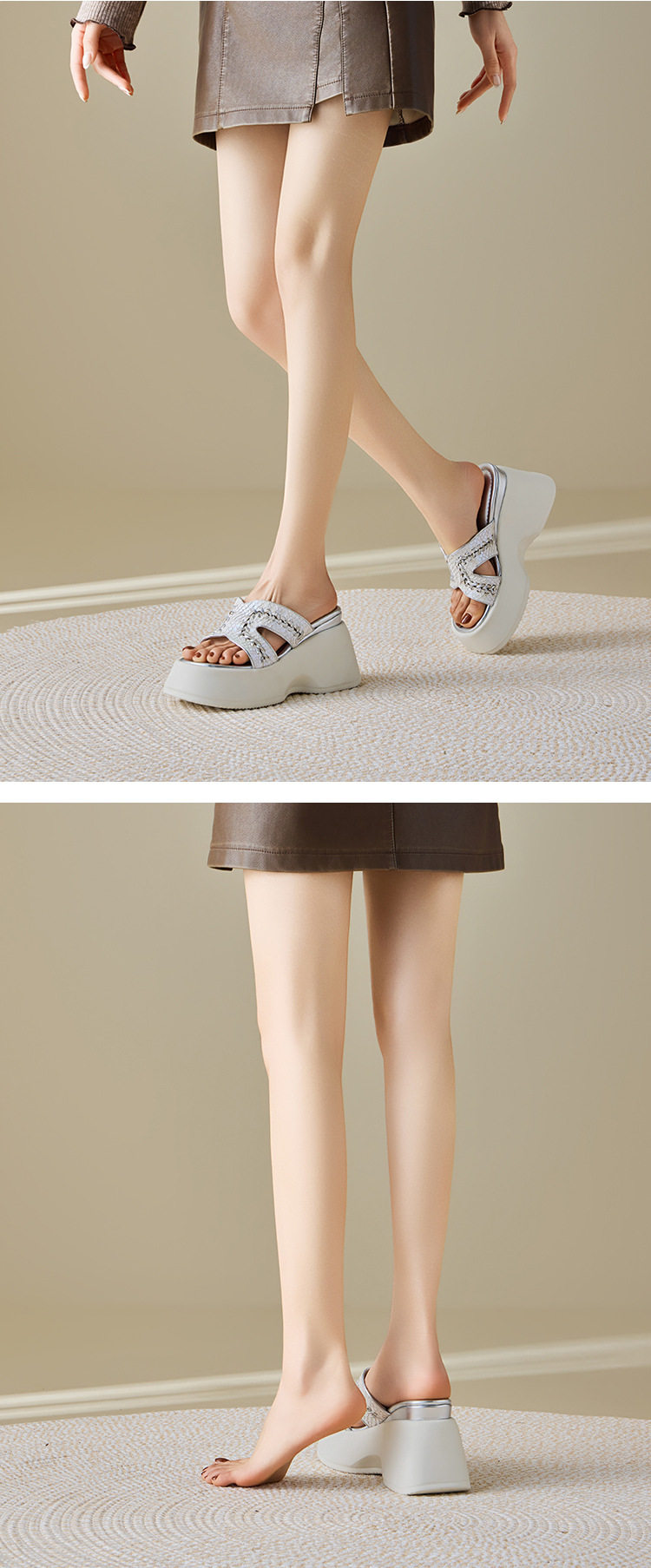 Sandal cao gót nữ hở mũi đế xuồng đan dây gót 10 cm — [Trắng], [Vàng] chi tiết 4