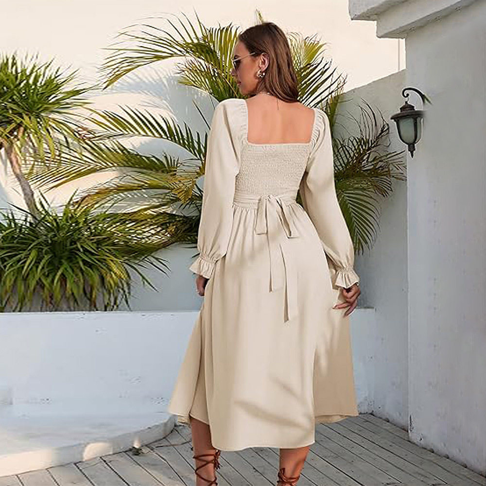 Elegant Square Neck Long Dress for Women High Waist Slim Fit Autumn Winter Style Wholesale Availability