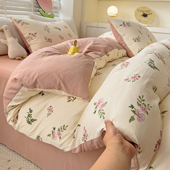 Class A maternal and infant grade double-layer seersucker bed four-piece set Zhu cotton bed hat ins wind dormitory three-piece set bedding wholesale