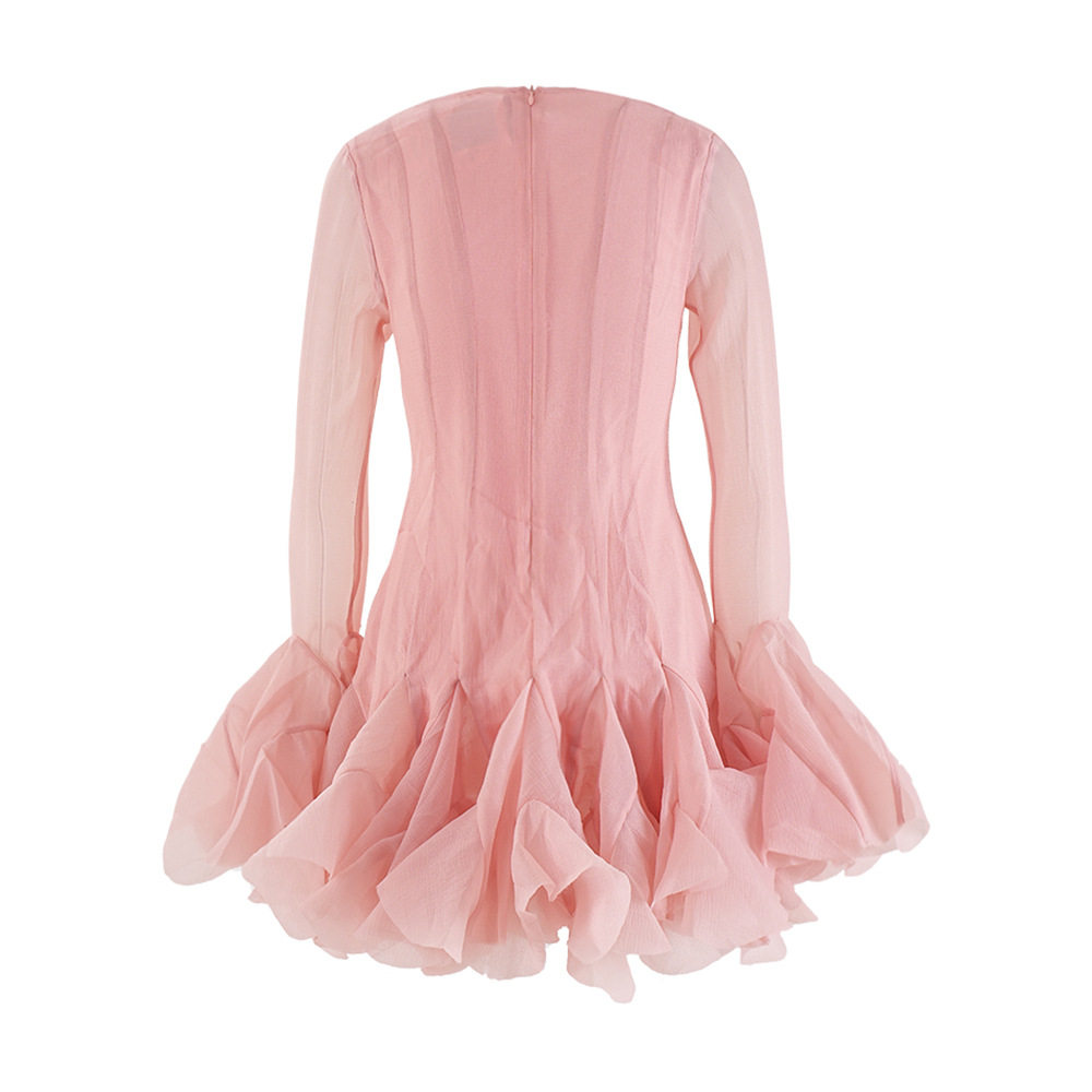 Đầm maxi nữ thắt eo tay dài cổ tròn chất liệu polyester — Đen, Hồng, Đỏ chi tiết 8