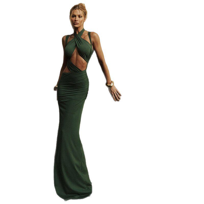 Cross Back Halter Dress Sexy Hollow Out Bodycon Fit Mermaid Hem Autumn Winter Fashion Wholesale Available