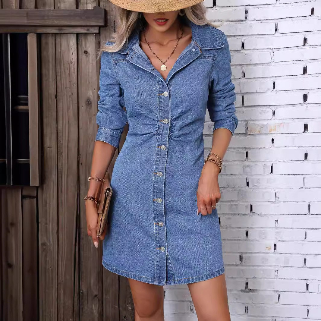 Vintage Denim Long Sleeve Dress Slim Fit Waist Defining Comfortable Fabric Casual Wear Spring Fall Wholesale
