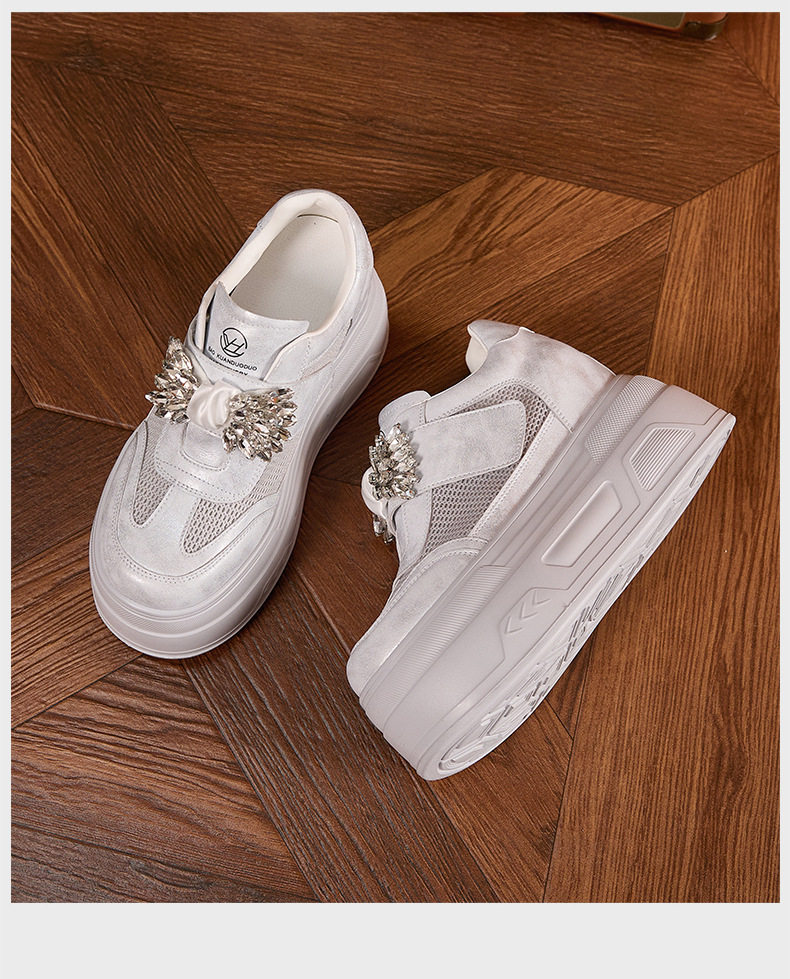 Giày sneaker nữ đế dày chunky trắng phối đá rhinestone, form hầm hố, tăng chiều cao — Trắng, Xám chi tiết 15