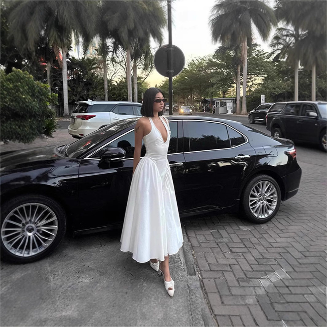 V Neck Halter Dress Sexy Slim Fit Elegant White French Princess Style for Autumn Wholesale Available