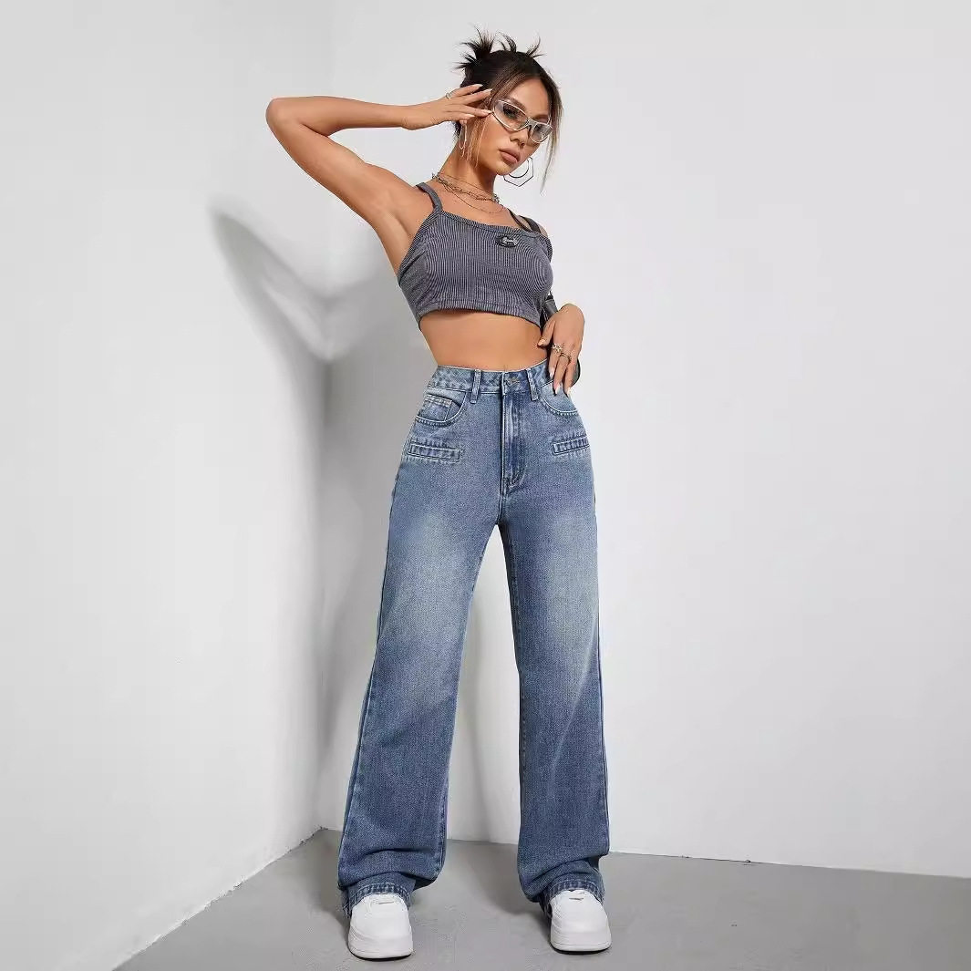 High Waisted Denim Trousers Casual Chic Style Versatile Fit European and American Fashion Wholesale Available