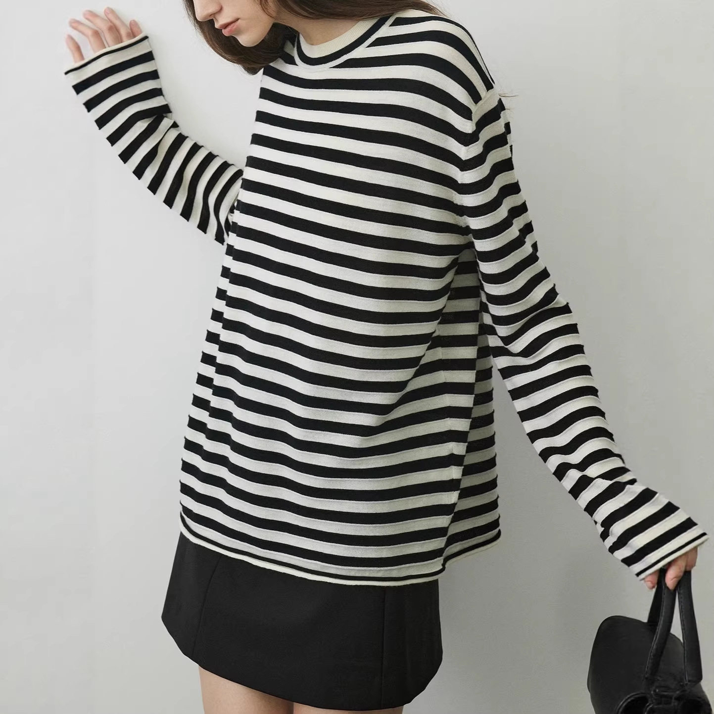 進口chao细美丽诺羊毛 爆款条纹针织衫长袖打底衫上衣