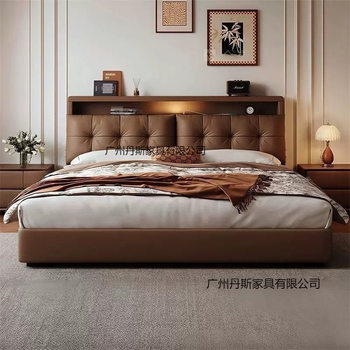 Multifunctional Leather Bed, Modern and Simple Master Bedroom Double Soft Bed, Atmospheric Italian Bedside Storage Drawer Wedding Bed
