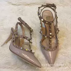 V Home Rivet High Heels Women's Outerwear Summer Stiletto Heel Pointed Toe Sandals Low Mouth Strap Single Shoes Foreign Trade Large Size Women's Shoes