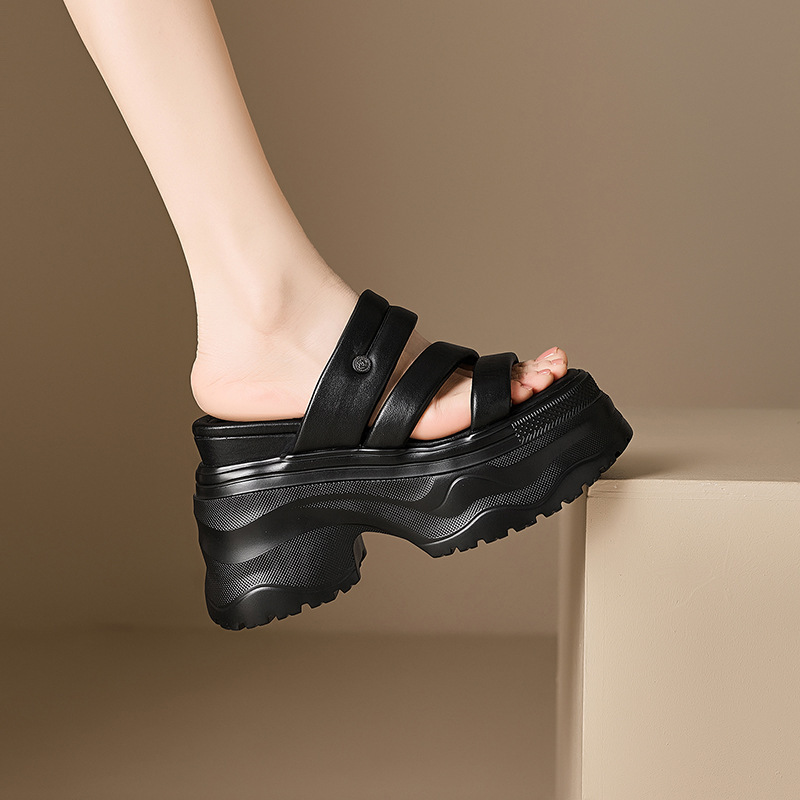 Sandal nữ quai ngang da bò đế dày gót 9cm tăng chiều cao, mũi tròn hở ngón phong cách năng động — màu đen, Màu trắng ngà-