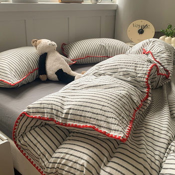 Class a Yarn-Dyed Washed Cotton Dopamine Color-Blocking Four-Piece Set 100% Pure Cotton Duvet Cover Bedding Three-Piece Set