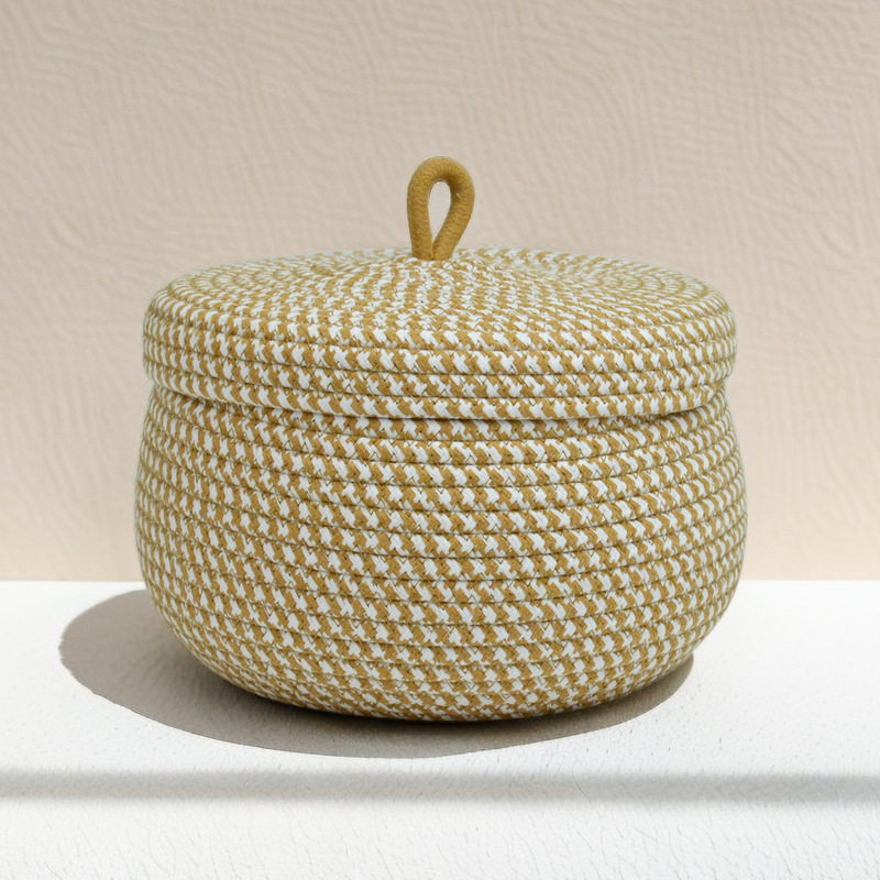 Desktop Storage Basket with Lid Dustproof Cosmetics Snacks Sundries Round Storage Basket Handmade Cotton Rope Woven Egg Basket
