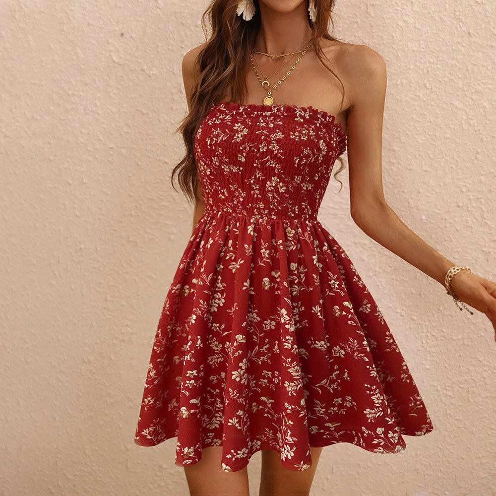 Floral Print Strapless Dress Slimming Waist Design Playful Style Summer Fashion Wholesale Available