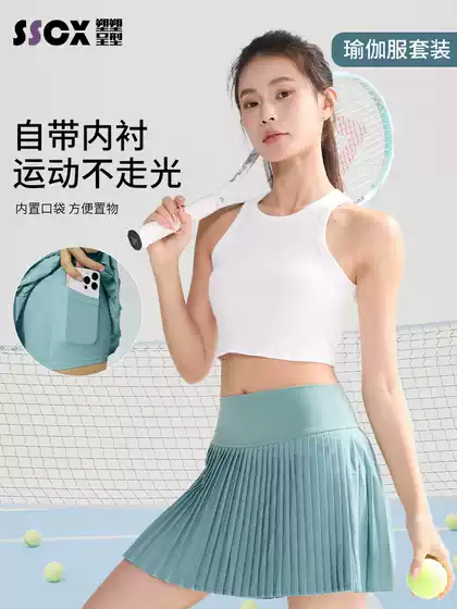 Lulu Yoga Outfit Set Fitness Pleated Skirt High-Waisted with Pockets Tennis Skirt Racerback Sports Tank Top for Women