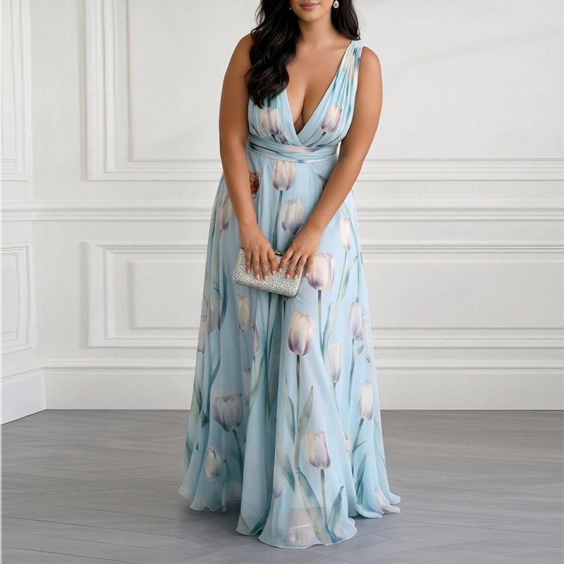 Spring Womens Dress Elegant Floral Print Waist Defining V Neck Comfortable Fabric Perfect for Casual or Formal