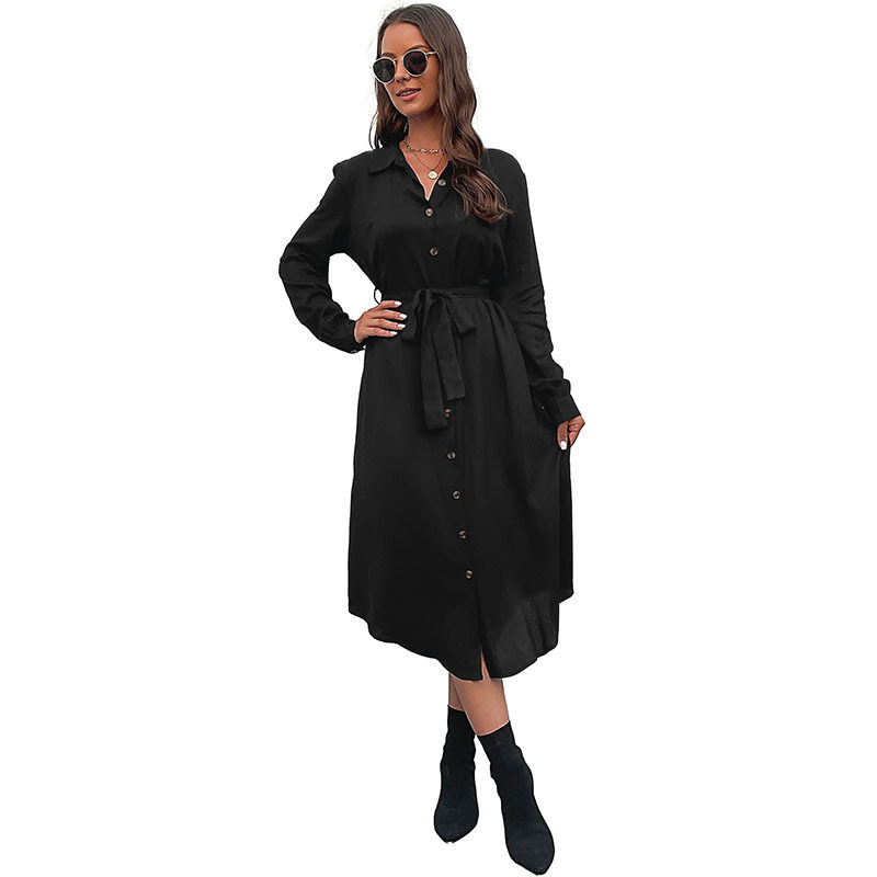 Elegant Black Long Dress Shirt Collar Autumn Winter European and American Style Perfect for Office Wear Wholesale