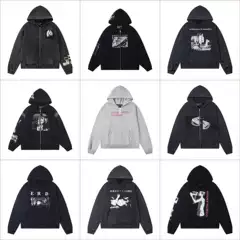 New Erd Rich Kid Style Distressed Zipper Open Collar Letter Print Unisex Hooded Sweatshirt Jacket Loose Fit