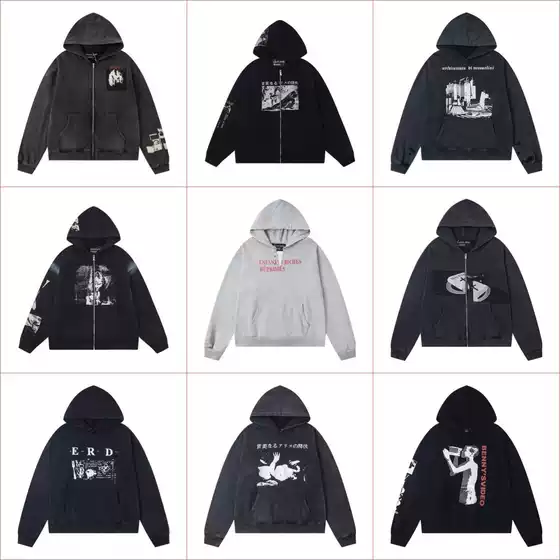 New Erd Rich Kid Style Distressed Zipper Open Collar Letter Print Unisex Hooded Sweatshirt Jacket Loose Fit