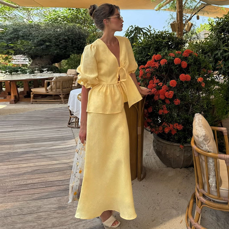 European and American Cross-Border Women's Clothing 2025 Summer New Fashion Puff Sleeve V-Neck Tie-Up Top High-Waisted Skirt Set