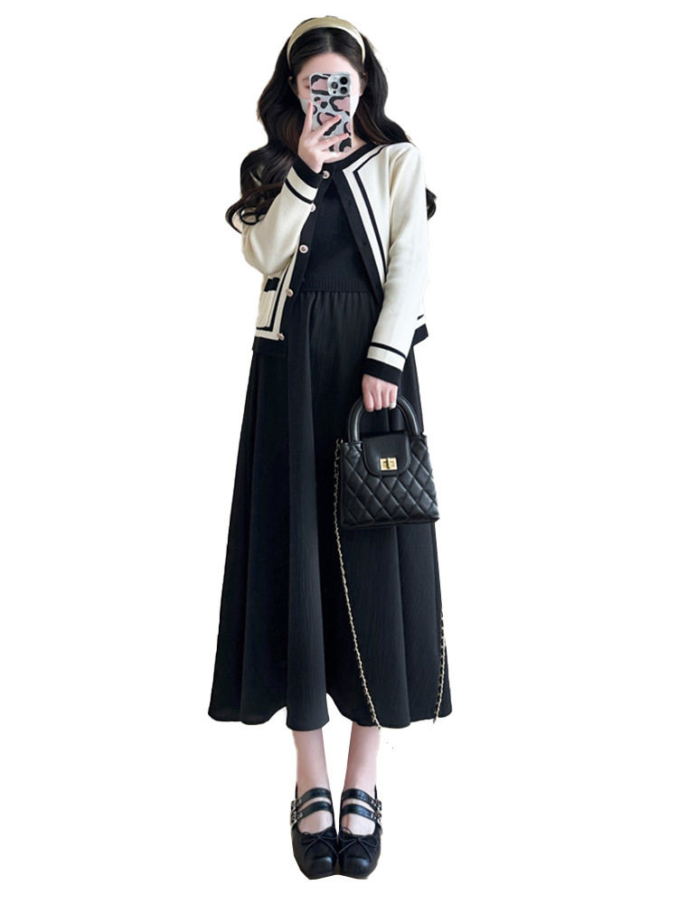 Maternity Wear 2025 Autumn New Korean Style Fashionable Long-Sleeved Color-Blocked Tops and Jackets Slim Vest Dress Two-Piece Set