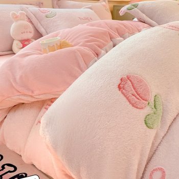 Winter Thickeneded Snowflake Velvet Four-Piece Set Double-Sided Velvet Quilt Cover Milk Velvet Bed Sheetss Student Dormitory Bed Three-Piece Set