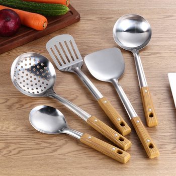 Thickened stainless steel household kitchen imitation wood grain handle spatula rice spoon Colander cooking kitchenware five-piece set