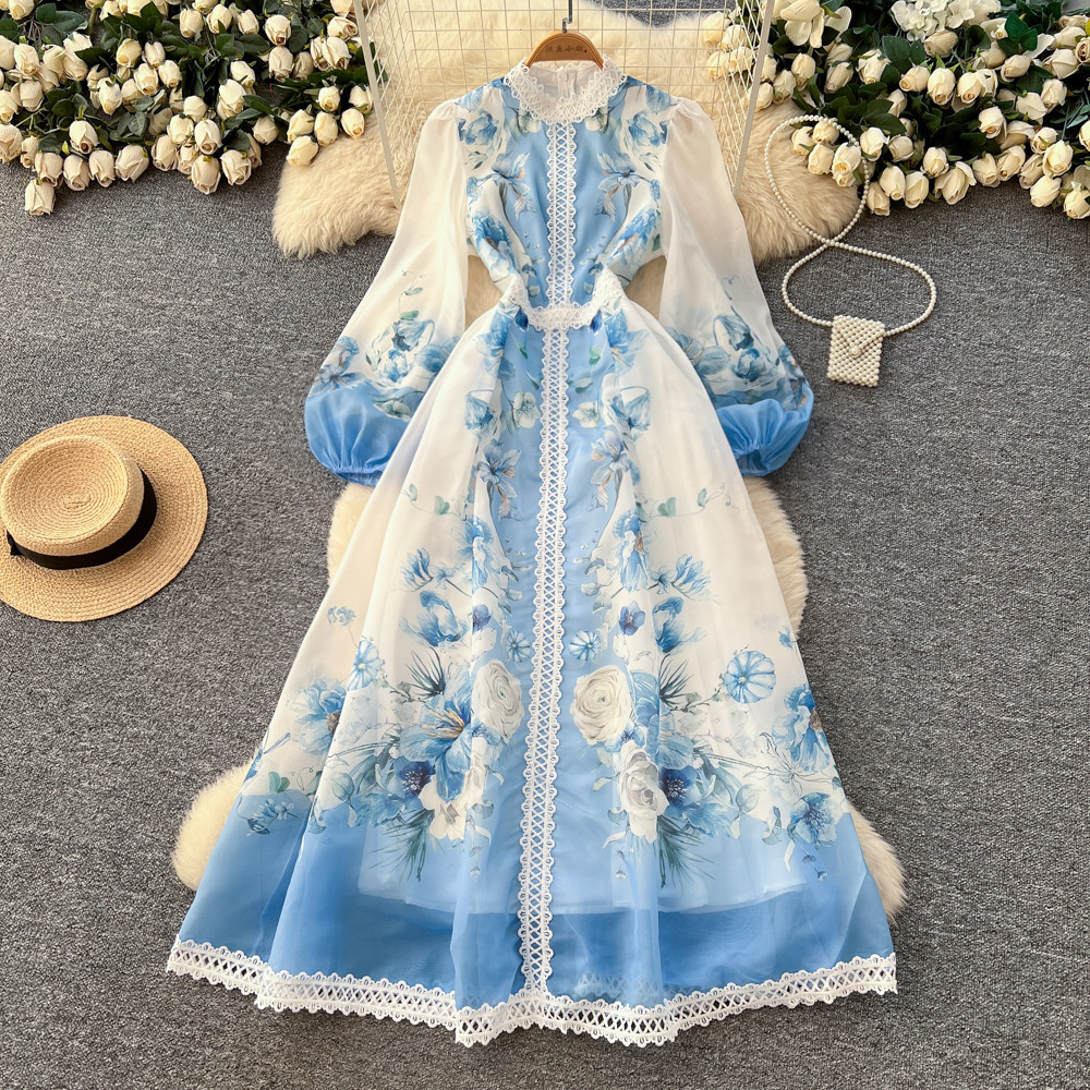 French Vintage Floral Print Dress Long Sleeve Slim Fit A Line Silhouette Romantic Spring Vacation Style Wholesale