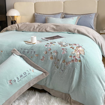 Light Luxury Embroidered Milk Velvet Four-piece Set Winter Thickened Baby Velvet High-grade Bed Sheet Quilt Cover Warm Three-piece Set