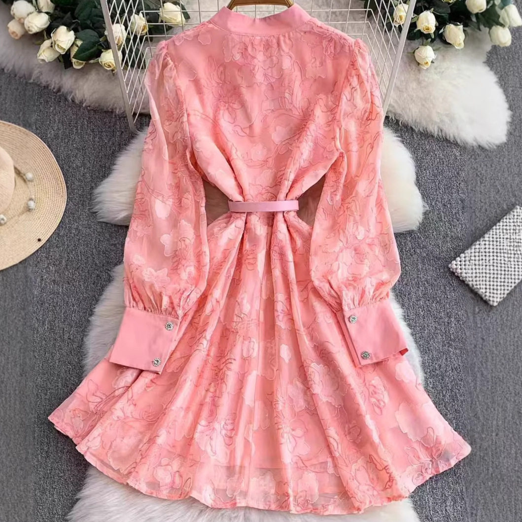 French Style Jacquard Lantern Sleeve Dress Elegant Fit Waist Tie Mid Length Perfect for Early Autumn Wholesale