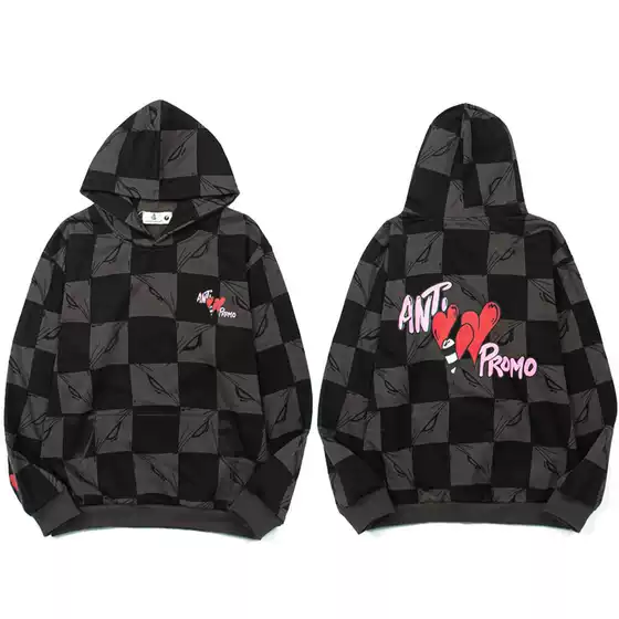 2025 Cross-Border American High Street Black and Gray Checkerboard Heart Hooded Sweatshirt for Men and Women Trendyy Casual Loose Hoodie