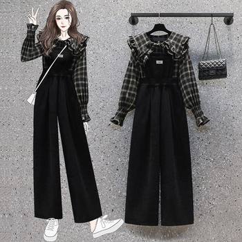 Autumn Suit for Women 2025 New Large Size Women's Doll Collar Plaid Shirt Fashionable Slim Overalls Two-Piece Set