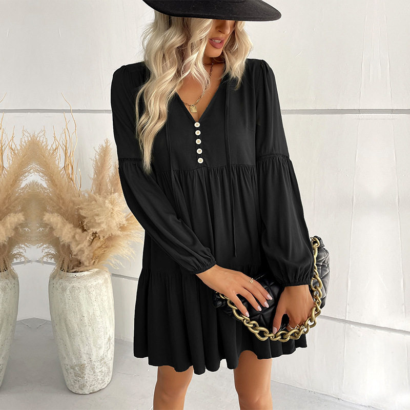 Short Loose V Neck Dress Wrinkled Design Solid Color Minimalist Style Autumn Fashion Wholesale Available