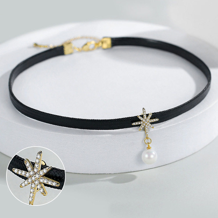Bamang Star Pearl Collar Women's Neck Strap Choker Short Neck Necklace Black Clavicle Chain 2025 New Fashion