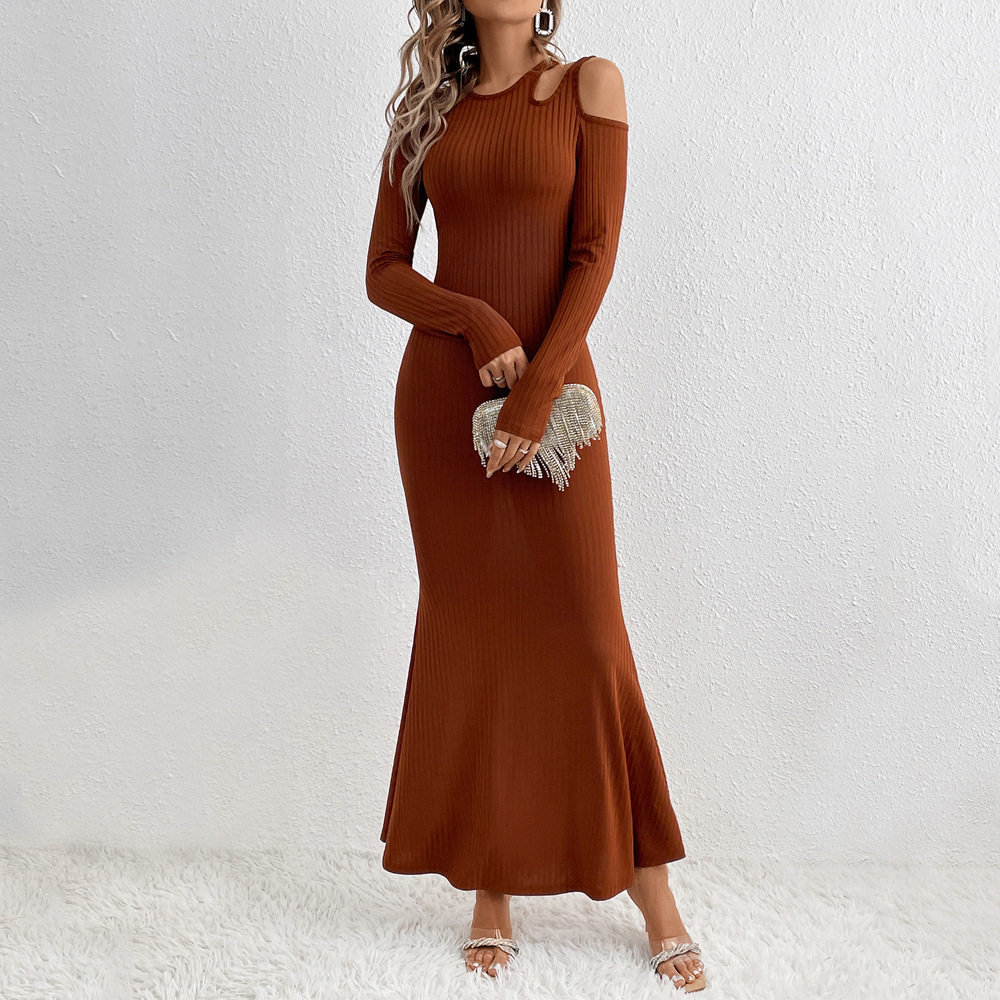Fashionable Bodycon Long Dress Milk Silk Fabric Hollow Shoulder Design Slim Fit Elegant Style Perfect for Parties