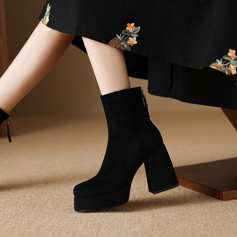 Boot nữ cổ thấp gót thô đế dày 10cm phong cách cá tính — Mặt da màu đen lót nhung, Mặt da màu đen một lớp bên trong, Màu đen da lộn một lớp bên trong, Màu đen mặt nhung lót trong