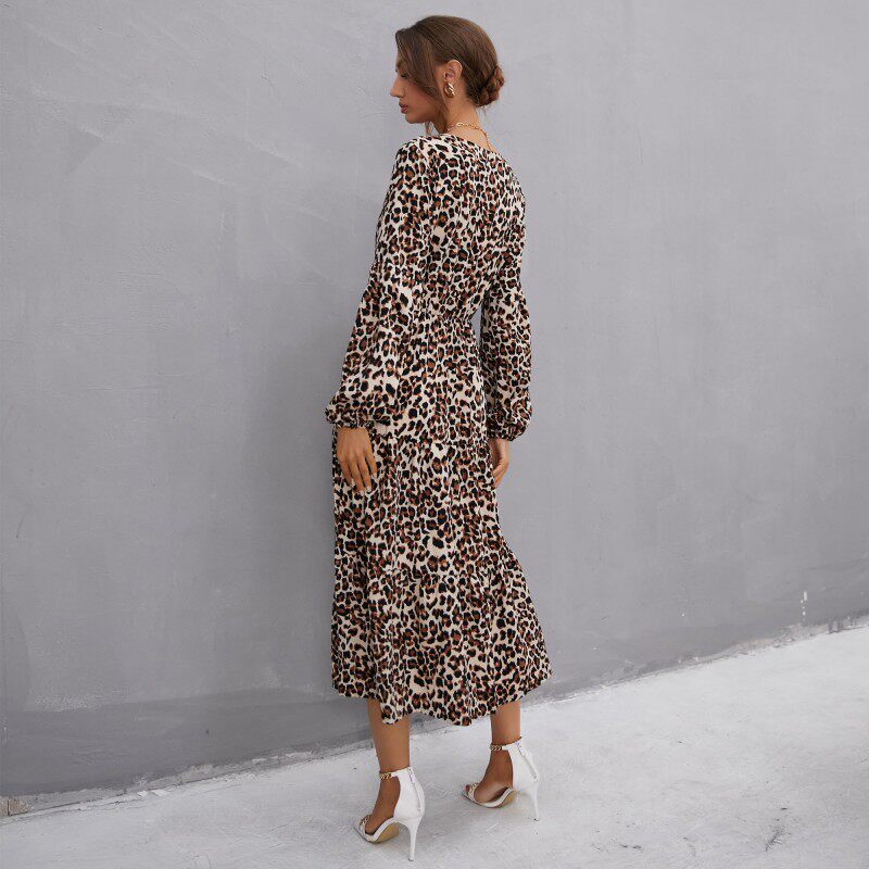 Vintage Leopard Print Long Sleeve Dress Ruffled Hem Mid Length Elegant Style Wholesale Availability