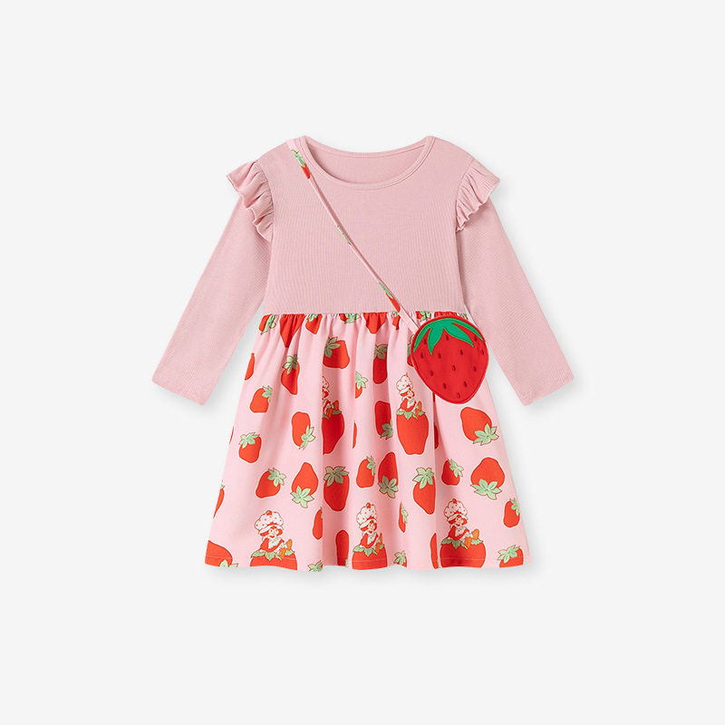 Girls' Dress, Autumn Long-sleeve Kids' Dress, Cute Strawberry Kids' Dress