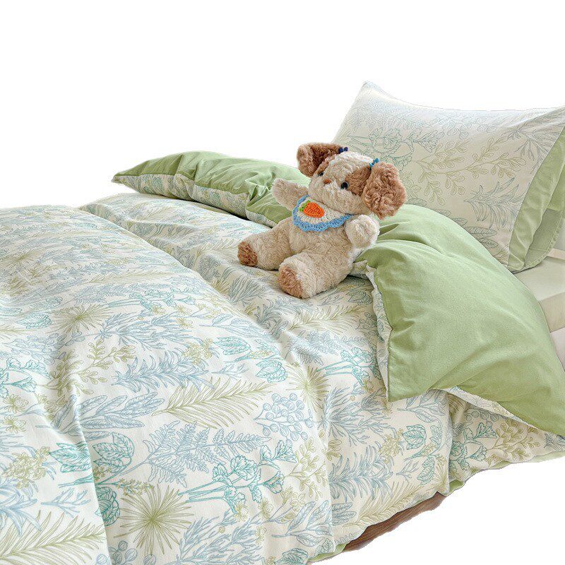 Class a Washed Cotton Printed Bed Four-Piece Set Small Fresh Quilt Cover Bed Sheets Pillowcase Home Student Dormitory Three-Piece Set a