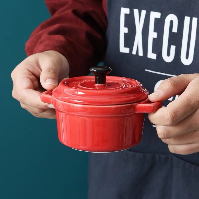 Steamed Egg Bowl Ceramic Small Bowl with Lid Double Skin Milk Bowl Pudding Dessert Bowl Baking Oven Can Be Used Baby Food Bowl