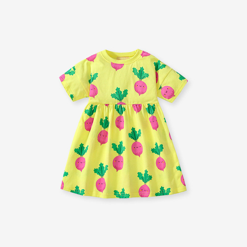 Girls' Summer Cotton Short-Sleeve Dress, Cute Radish Print Kids' Dress