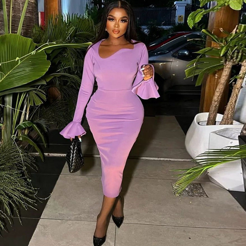 Fashionable Long Sleeve A Line Dress Round Neck Solid Color Midi Length Side Slit Irregular Hem Casual Wear OEM