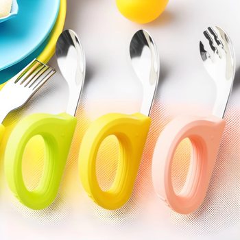 Hot New Baby Spoon Stainless Steel Round Handle Fork Spoon suit Wholesale Children's Tableware Portable Food Training Spoon