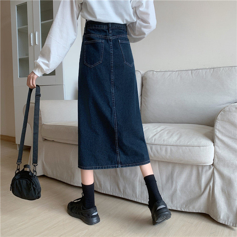 High Waisted Denim Skirt Vintage Style Mid Length Slim Fit Side Slit Spring Summer Fashion Wholesale Available