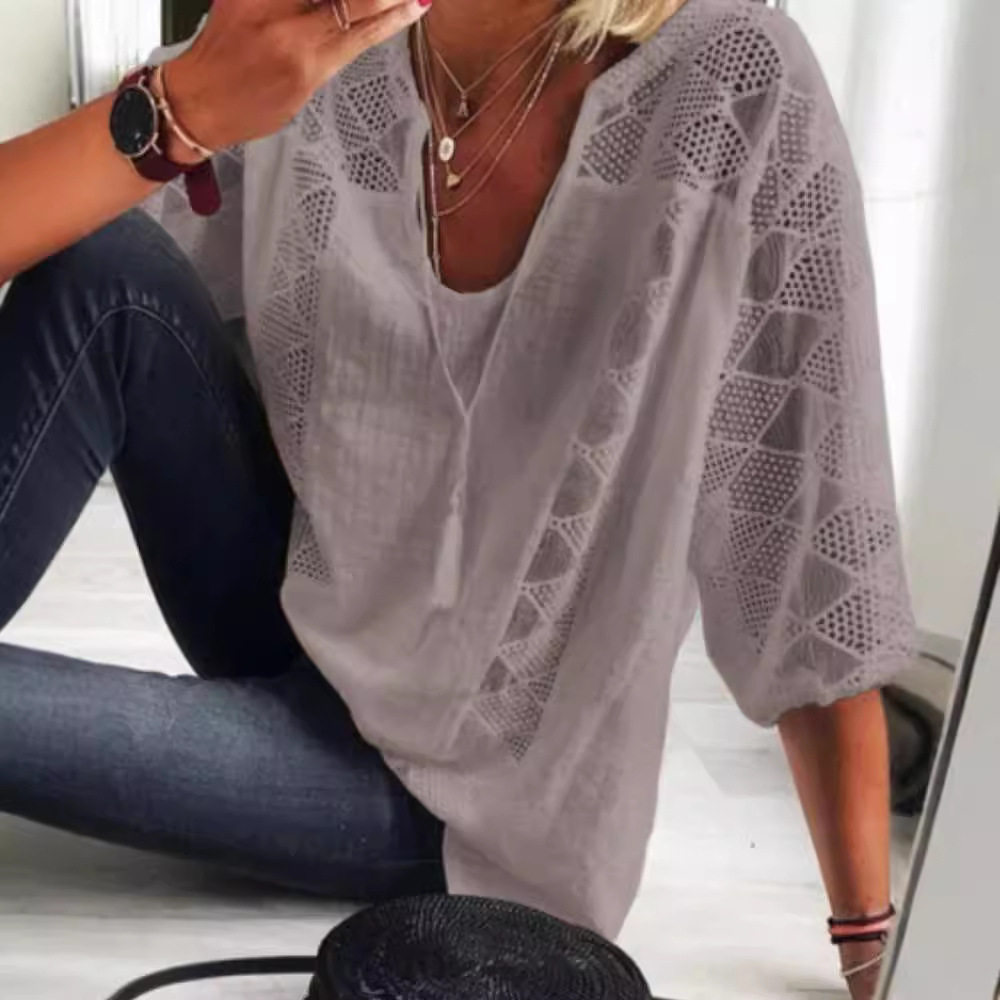 Lace Top Hollow Out Design U Neck Three Quarter Sleeve Casual Wear for Women Wholesale Available