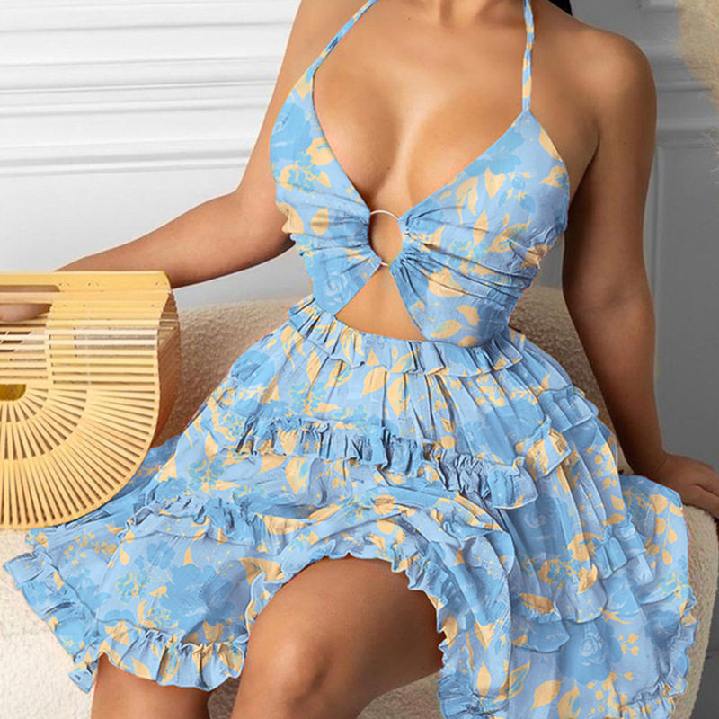 Womens Floral Print Halter Neck Cake Dress Sexy Hollow Out Design Spring Summer Fashion