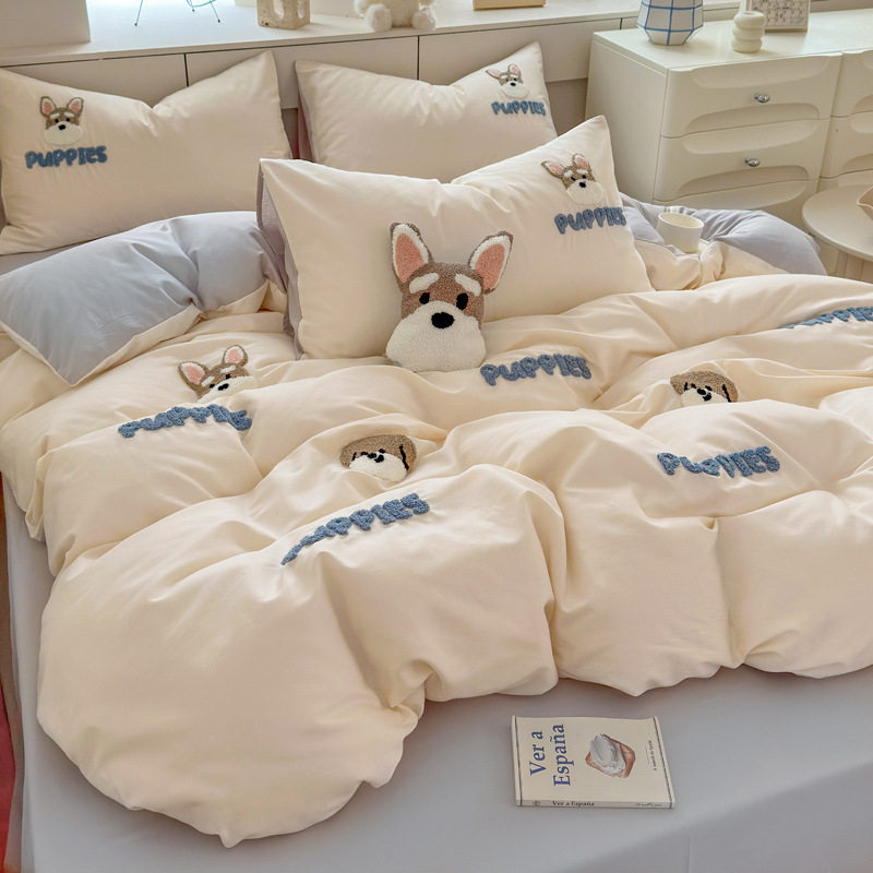 Blue Dog Towel Embroidered Cotton Bed Four-piece Set Cartoon Style Cotton Quilt Cover Children's Three-piece Set Wholesale