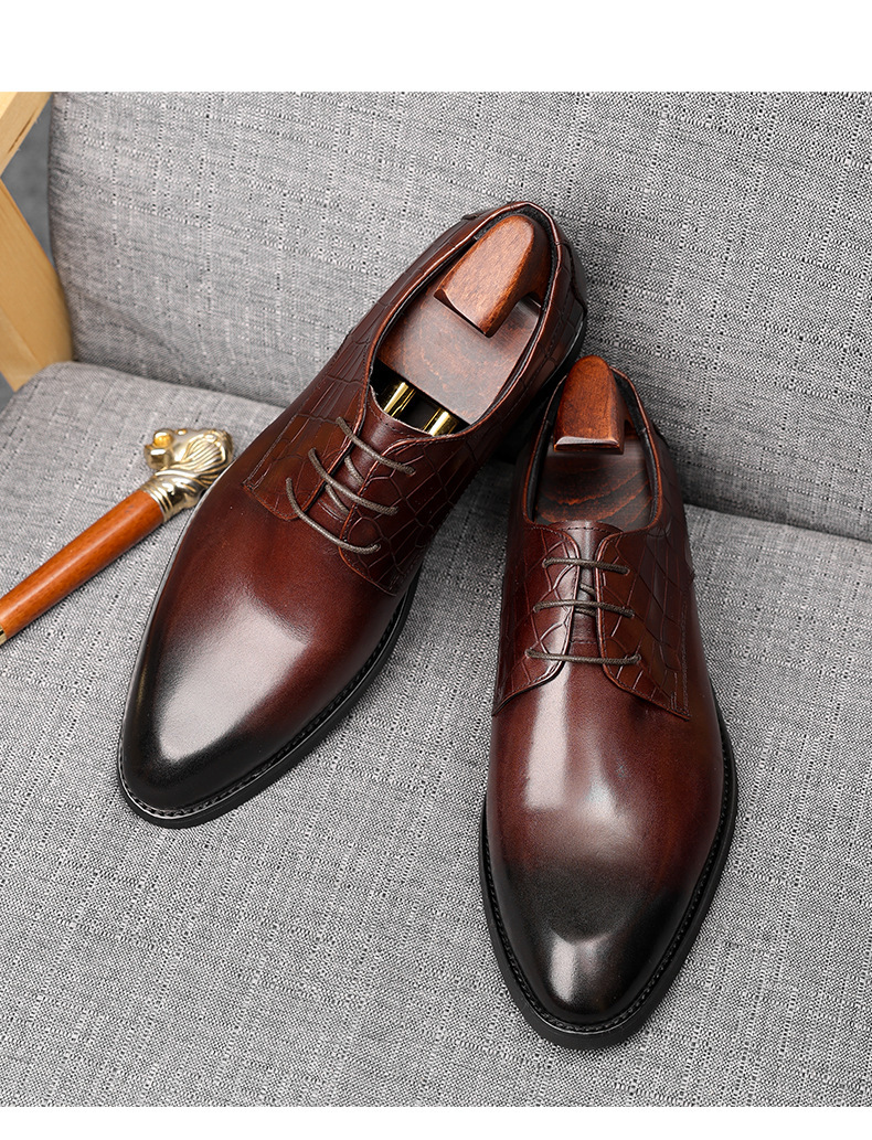 Giày Derby nam da bò mũi tròn phong cách công sở lịch lãm — Màu đen, Màu đỏ rượu