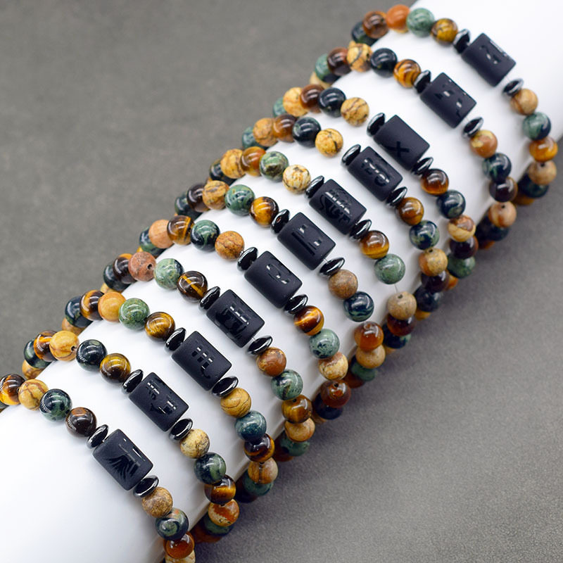 Cross-Border Amazon Zodiac Natural Stone Beaded Bracelet Twelve Zodiac Signs Tiger Eye Stone Picture Stone Bracelet Wholesale