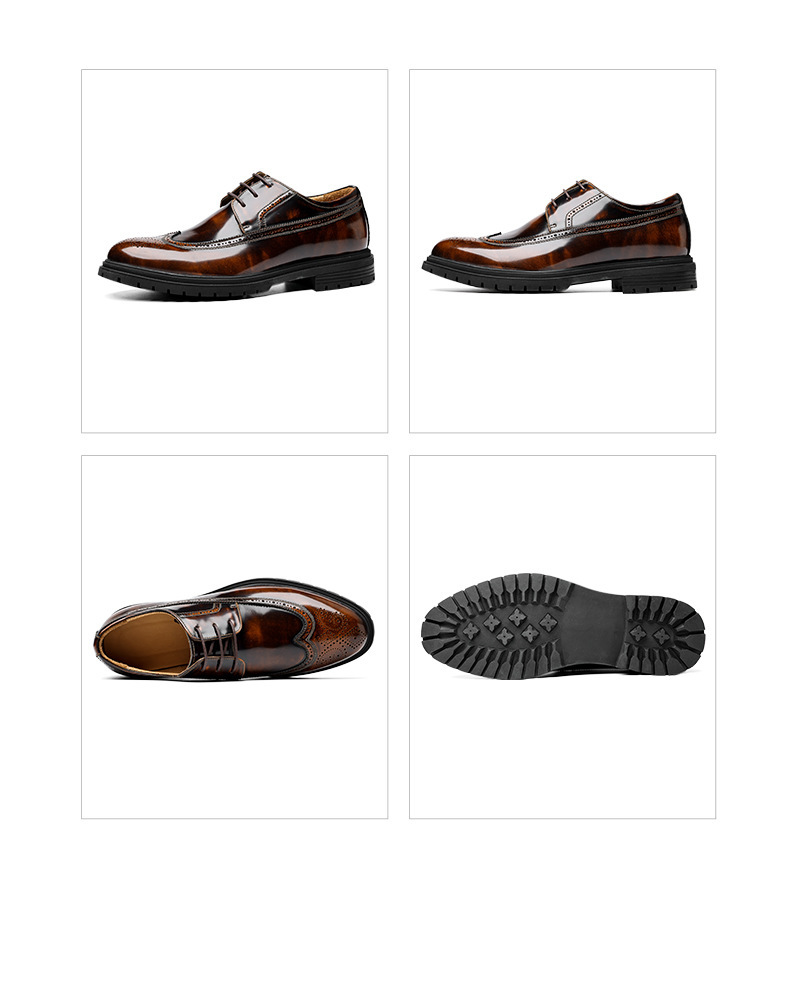 Giày Oxford nam da bò thật bề mặt bóng, đế cao su dày, kiểu brogue lịch lãm — Màu đen, Màu vàng nâu