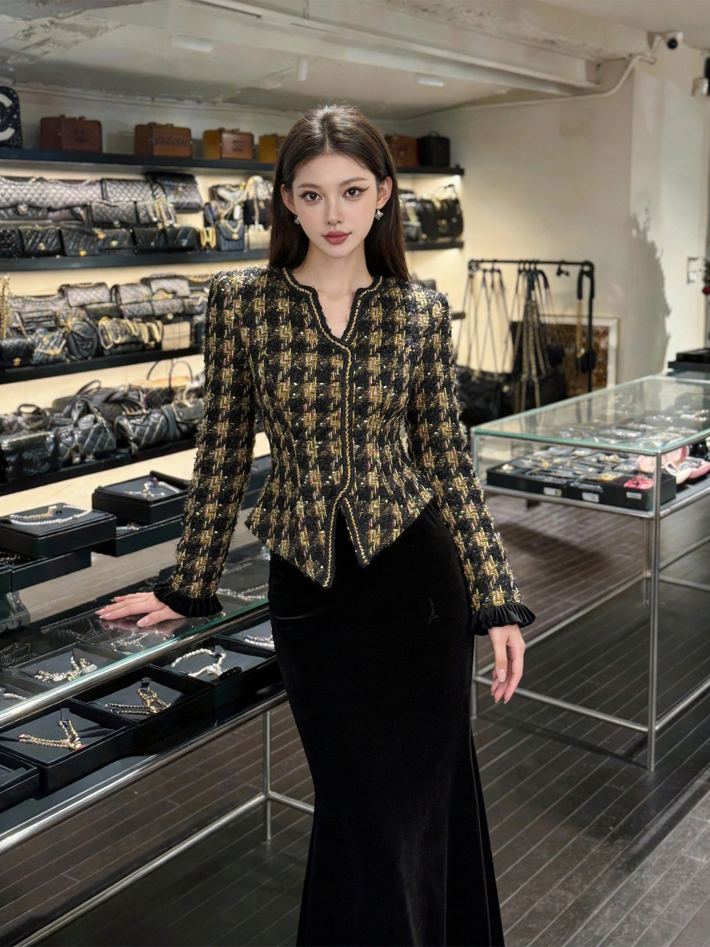 Polyester dệt thoi, phối nhung, vải dạ kẻ caro