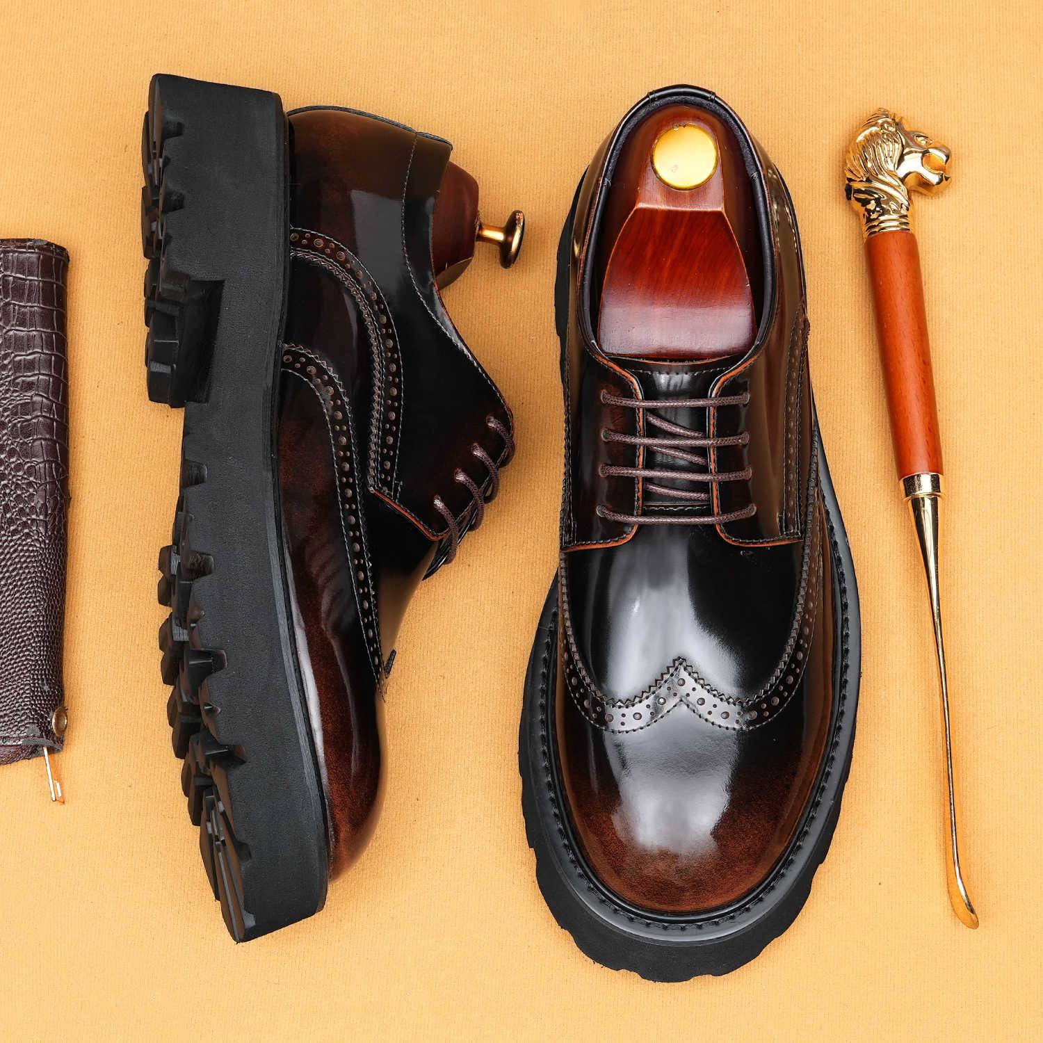 Giày Da Nam Chất Liệu Da Bò Họa Tiết Hoa Đế Cao